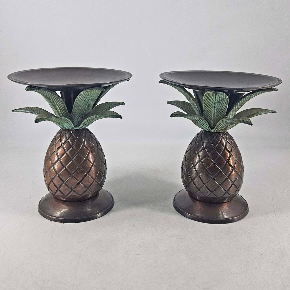 Vintage pair of heavy bronze color metal tropical palm pineapple candle Holder